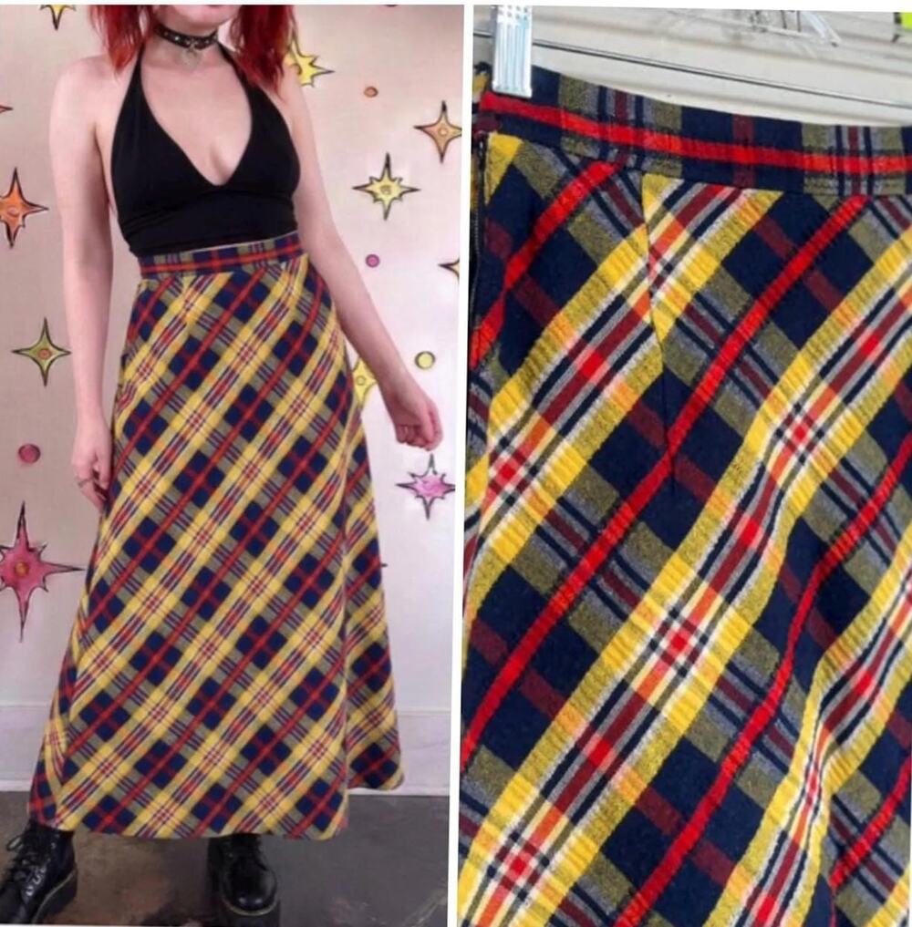 Vintage 60s/70s Plaid Groovy Maxi Skirt MOD Boho Grunge - XS - Clowncore